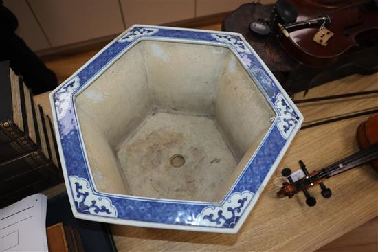 A Chinese blue white hexagonal large flower pot, Qianlong-Jiaqing period length 42cm